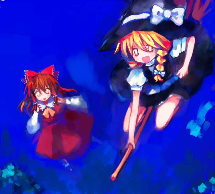 tsuchiya akira, hakurei reimu, kirisame marisa, touhou, 2girls, bow, braid, broom, broom riding, detached sleeves, female focus, hair bow, hat, japanese clothes, miko, multiple girls, orange eyes, witch, witch hat