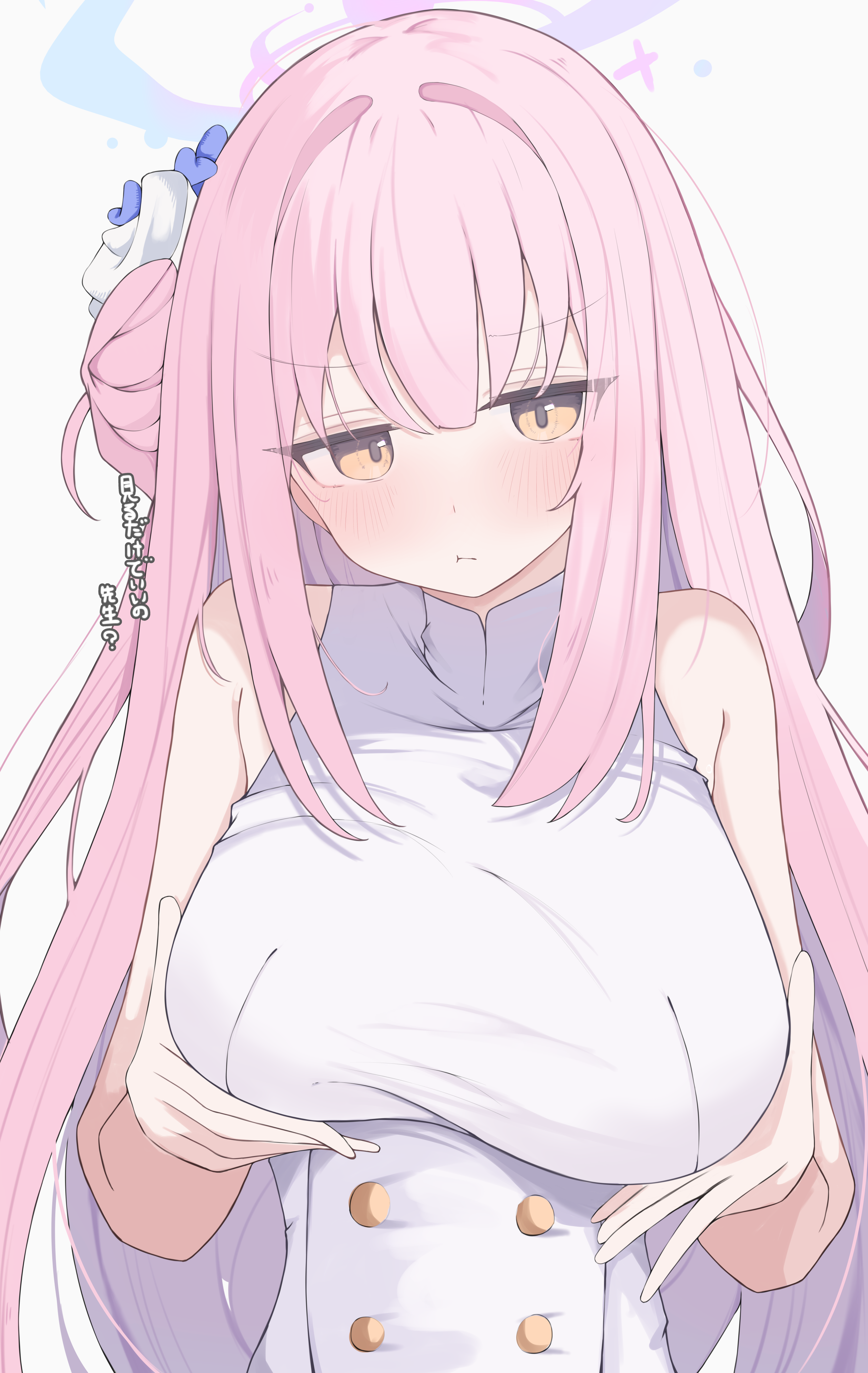 nui (nuinui0300), mika (blue archive), blue archive, absurdres, highres, 1girl, :t, blush, breasts, buttons, double-breasted, dress, hair bun, halo, large breasts, looking at viewer, no wings, pink hair, simple background, single side bun, sleeveless, sleeveless dress, solo, upper body, white background, white dress, yellow eyes