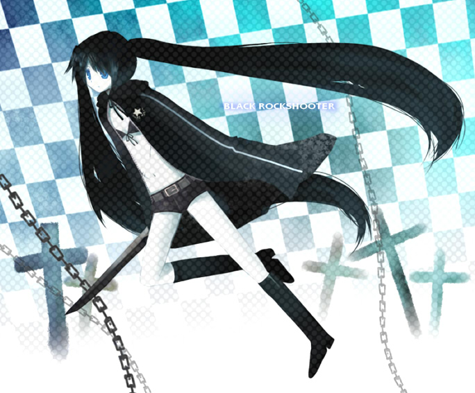 amamizu (pixiv), usui (tripcube), black rock shooter (character), hatsune miku, black rock shooter, vocaloid, bad id, bad pixiv id, 10s, 1girl, black hair, blue eyes, chain, cross, female focus, latin cross, navel, solo, sword, twintails, weapon