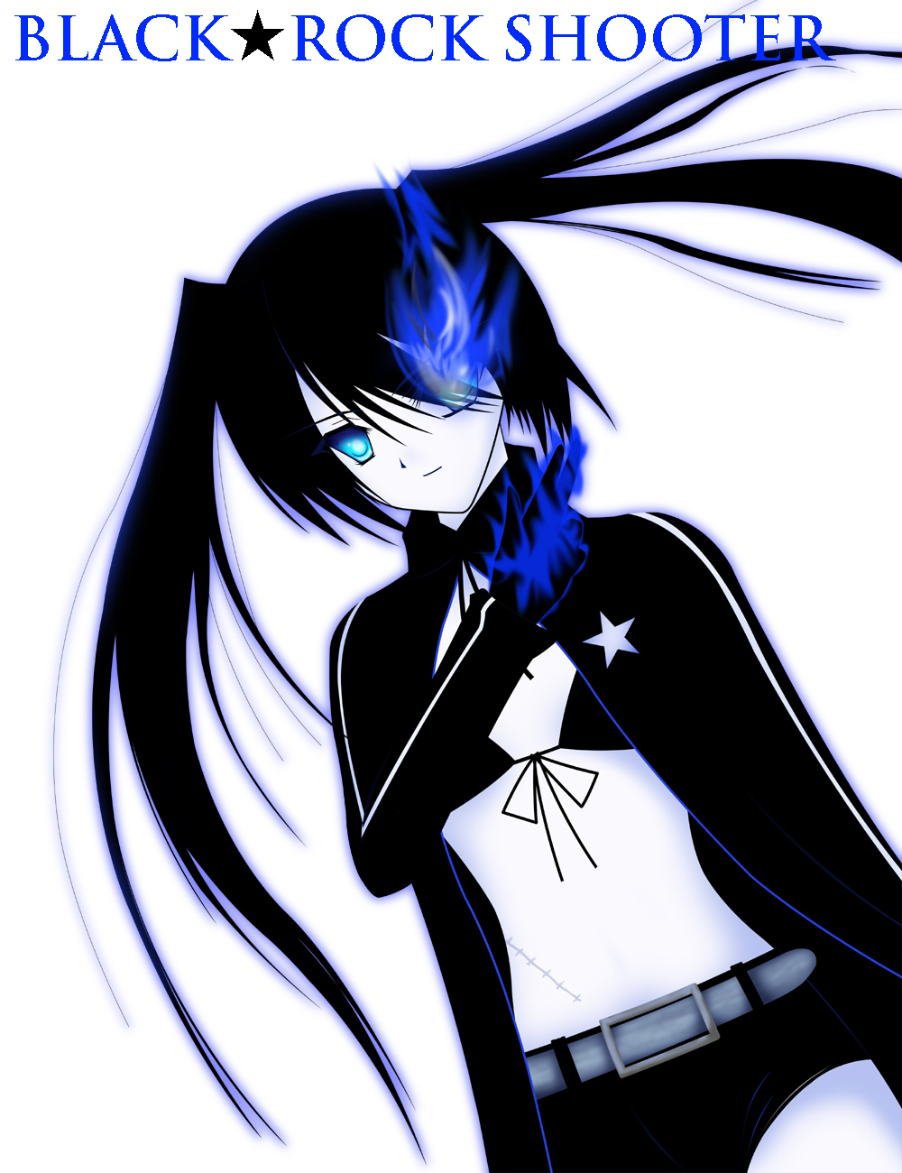 black rock shooter (character), hatsune miku, black rock shooter, vocaloid, highres, 10s, 1girl, bad anatomy, black hair, blue eyes, female focus, midriff, navel, poorly drawn, scar, solo, twintails