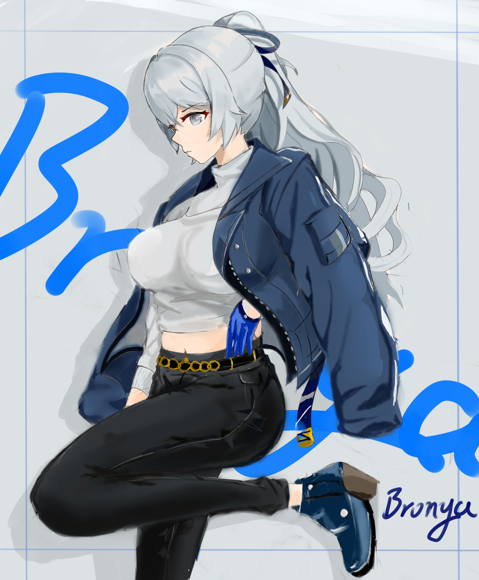 bronya zaychik, bronya zaychik (silverwing: n-ex), honkai (series), honkai impact 3rd, chinese commentary, commentary request, highres, 1girl, belt, black pants, blue boots, blue jacket, boots, breasts, character name, expressionless, feet out of frame, grey eyes, grey hair, grey sweater, hair between eyes, high heel boots, high heels, jacket, jacket on shoulders, ktyria, large breasts, long hair, long sleeves, midriff, pants, parted lips, pink pupils, solo, standing, standing on one leg, sweater