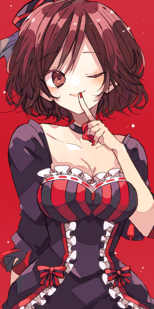 kaho 0102, meiko (vocaloid), vocaloid, commentary request, 1girl, ;), black dress, blush, breasts, brown eyes, brown hair, cleavage, closed mouth, collarbone, dress, finger to mouth, hand up, large breasts, looking at viewer, nail polish, one eye closed, red background, red nails, short hair, short sleeves, simple background, smile, solo, upper body