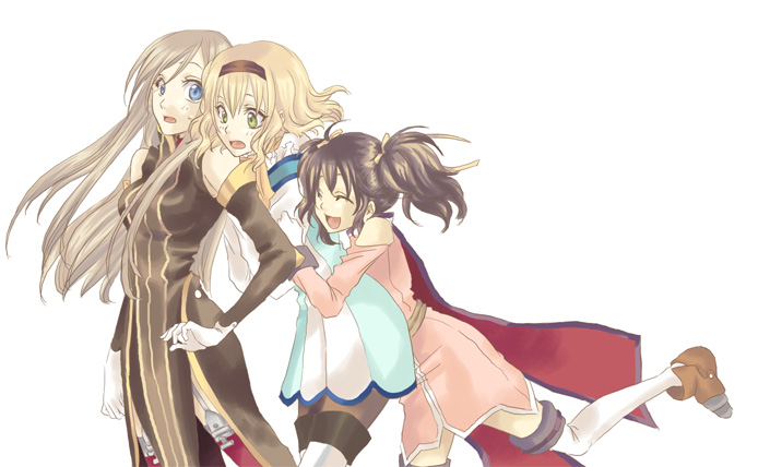 anise tatlin, natalia luzu kimlasca lanvaldear, tear grants, tales of (series), tales of the abyss, 00s, cape, closed eyes, gloves, hairband, long hair, pantyhose, short hair, thighhighs, twintails