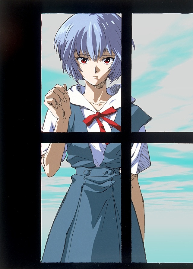 ayanami rei, neon genesis evangelion, blue hair, red eyes, school uniform, serafuku, short hair, solo