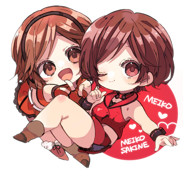 kaho 0102, meiko (vocaloid), sakine meiko, vocaloid, commentary request, 2girls, :d, ;), bare shoulders, black hairband, blush, boots, brown boots, brown eyes, brown hair, character name, chibi, chibi only, closed mouth, crop top, cropped jacket, full body, hairband, jacket, looking at viewer, miniskirt, multiple girls, one eye closed, open mouth, red eyes, red jacket, red skirt, short hair, simple background, skirt, sleeveless, sleeveless jacket, smile, white background, wrist cuffs