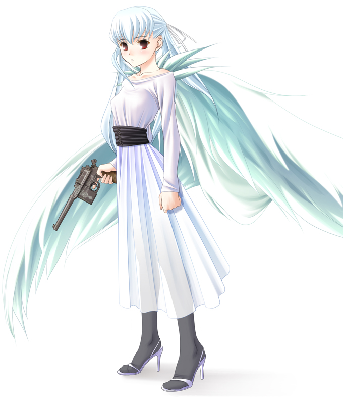 aizawa kotarou, henri, angelos armas, blue hair, cocked hammer, dress, gun, handgun, high heels, mauser c96, pistol, red eyes, see-through clothes, shoes, solo, transparent, weapon, wings