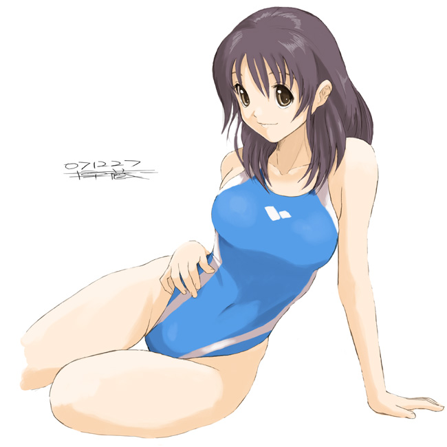 original, non-web source, 1girl, arm support, black hair, brown hair, competition swimsuit, female focus, highleg, highleg one-piece swimsuit, long hair, one-piece swimsuit, short hair, single vertical stripe, sitting, solo, swimsuit, yellow eyes
