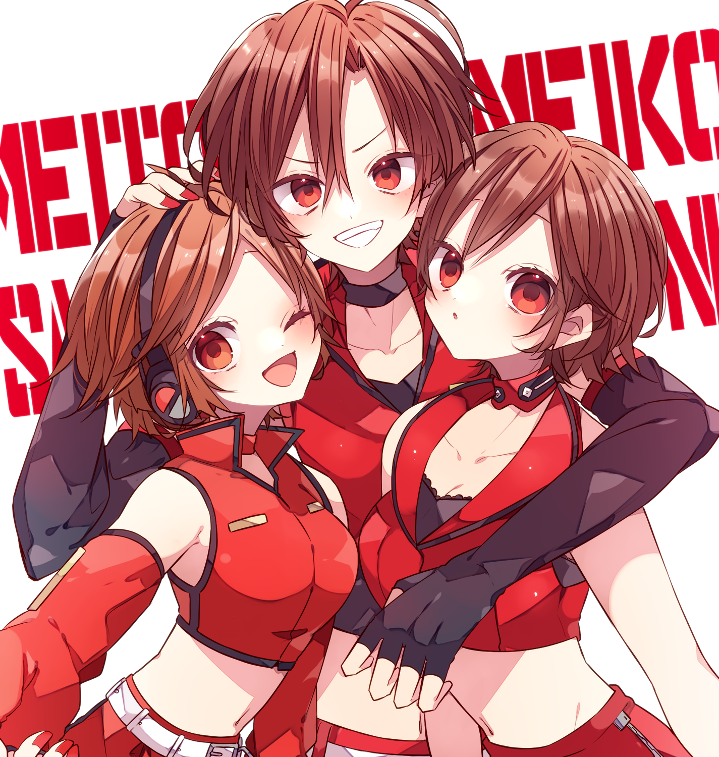 kaho 0102, meiko (vocaloid), meito (vocaloid), sakine meiko, vocaloid, commentary request, highres, 1boy, 2girls, :d, :o, bare shoulders, black gloves, breasts, brown hair, character name, cleavage, collarbone, crop top, cropped jacket, double-parted bangs, elbow gloves, fingerless gloves, gloves, grin, hair between eyes, hand on another's head, jacket, looking at viewer, multiple girls, open mouth, parted lips, red eyes, red jacket, short hair, sleeveless, sleeveless jacket, smile, upper body, v-shaped eyebrows, white background