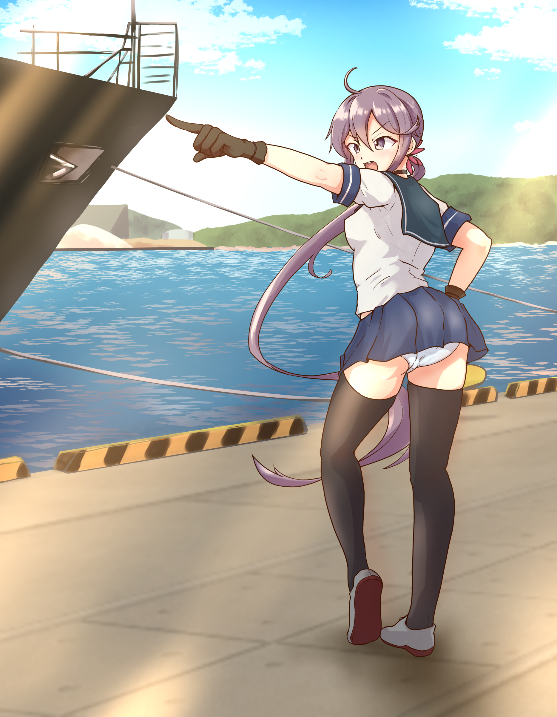 minamino, akebono (kancolle), akebono kai ni (kancolle), kantai collection, absurdres, highres, 1girl, ass, bell, black gloves, black thighhighs, blue skirt, blue sky, breasts, cloud, day, flower, gloves, hair bell, hair between eyes, hair flower, hair ornament, long hair, medium breasts, miniskirt, open mouth, outdoors, panties, pleated skirt, purple eyes, purple hair, school uniform, serafuku, short sleeves, side ponytail, skirt, sky, solo, thighhighs, underwear, very long hair, white panties
