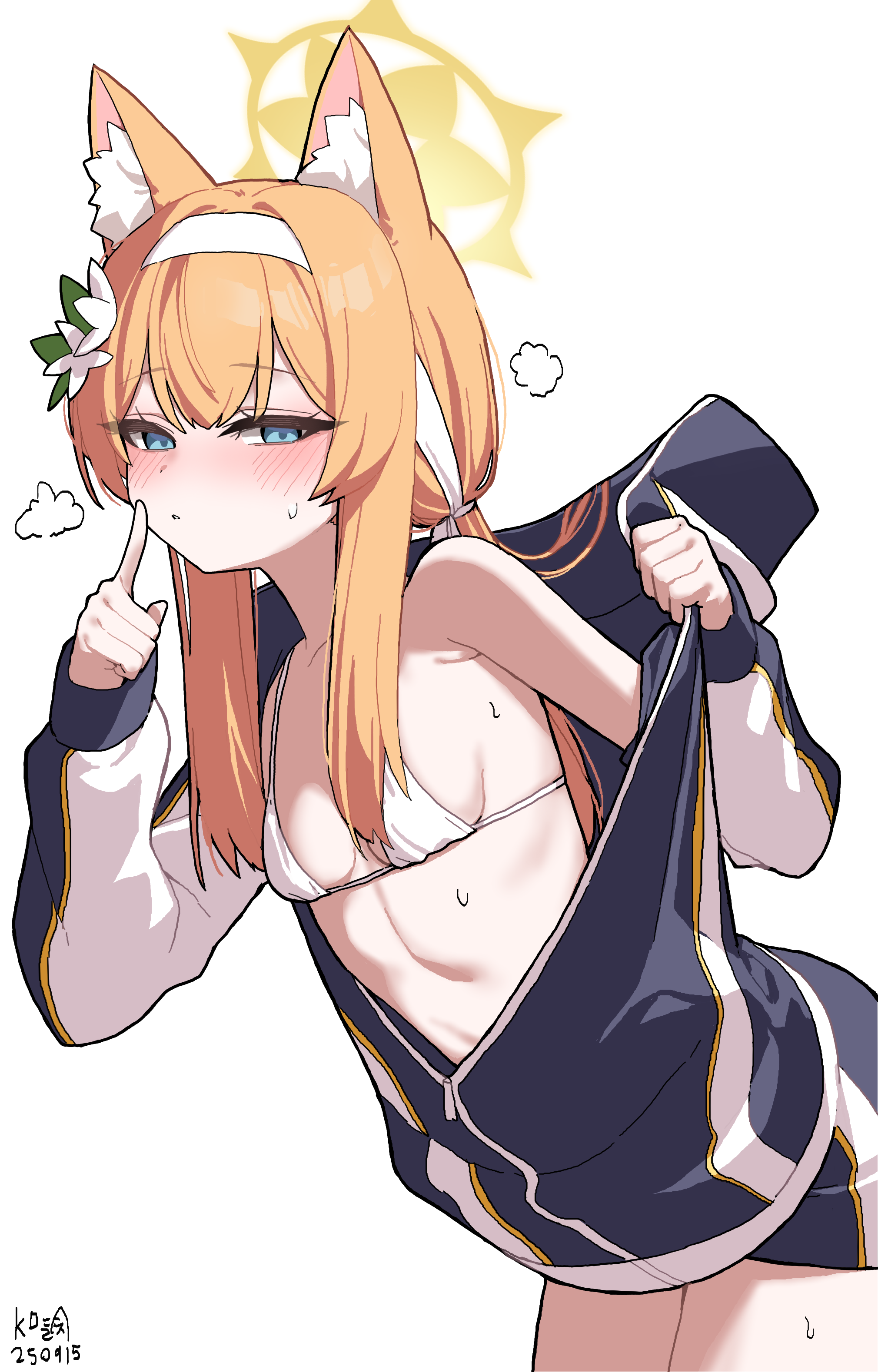 myeolchi, mari (blue archive), mari (track) (blue archive), blue archive, absurdres, commentary, highres, 1girl, animal ear fluff, animal ears, blue eyes, breasts, cat ears, flower, hair flower, hair ornament, hairband, halo, index finger raised, jacket, long hair, looking at viewer, medium breasts, official alternate costume, orange hair, simple background, solo, track jacket, white background, white flower, white hairband, yellow halo