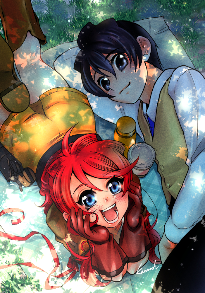 kannah, gemini sunrise, taiga shinjirou, sakura taisen, sakura taisen v, black eyes, black hair, black pants, blue eyes, blue necktie, blush, boots, brown boots, dappled sunlight, from above, gloves, hands on own cheeks, hands on own face, jacket, looking at viewer, lying, necktie, on side, on stomach, open mouth, orange jacket, orange skirt, pants, picnic blanket, ponytail, red gloves, red hair, shirt, sidelocks, skirt, smile, sunlight, vest, white shirt, yellow vest