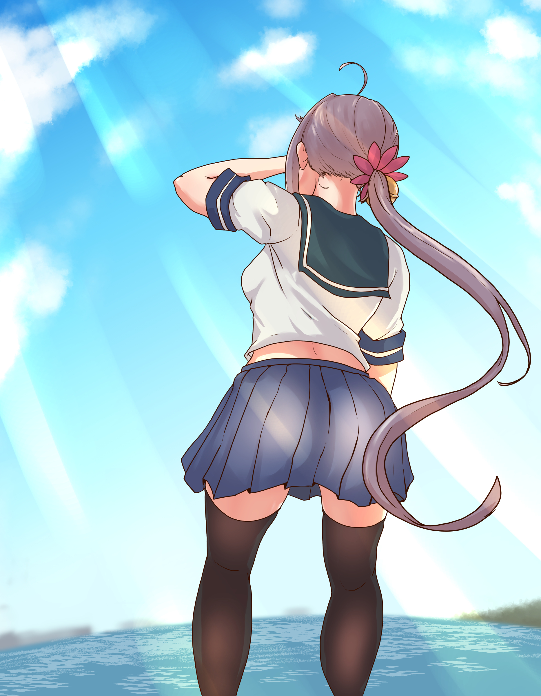 minamino, akebono (kancolle), akebono kai ni (kancolle), kantai collection, absurdres, highres, 1girl, ass, bell, black thighhighs, blue skirt, blue sky, breasts, cloud, day, flower, hair bell, hair flower, hair ornament, long hair, medium breasts, miniskirt, outdoors, pleated skirt, purple hair, school uniform, serafuku, short sleeves, side ponytail, skirt, sky, thighhighs, very long hair