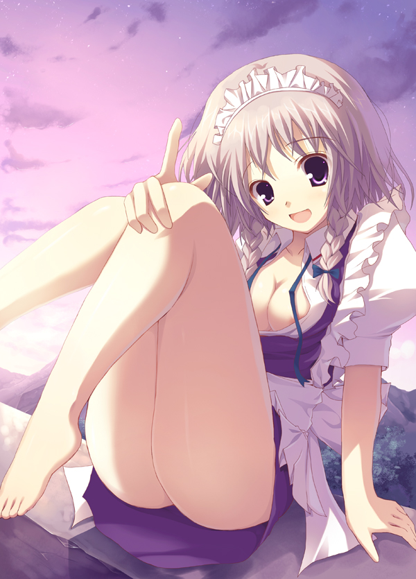 rikudou inuhiko, izayoi sakuya, touhou, 1girl, arm support, ass, barefoot, blouse, bow, braid, breasts, cleavage, dress, feet, female focus, gradient background, hat, maid, medium breasts, nipple slip, nipples, open clothes, open shirt, outdoors, plantar flexion, purple eyes, purple sky, ribbon, shirt, short hair, side braid, sitting, sky, solo, star (sky), twin braids, white hair
