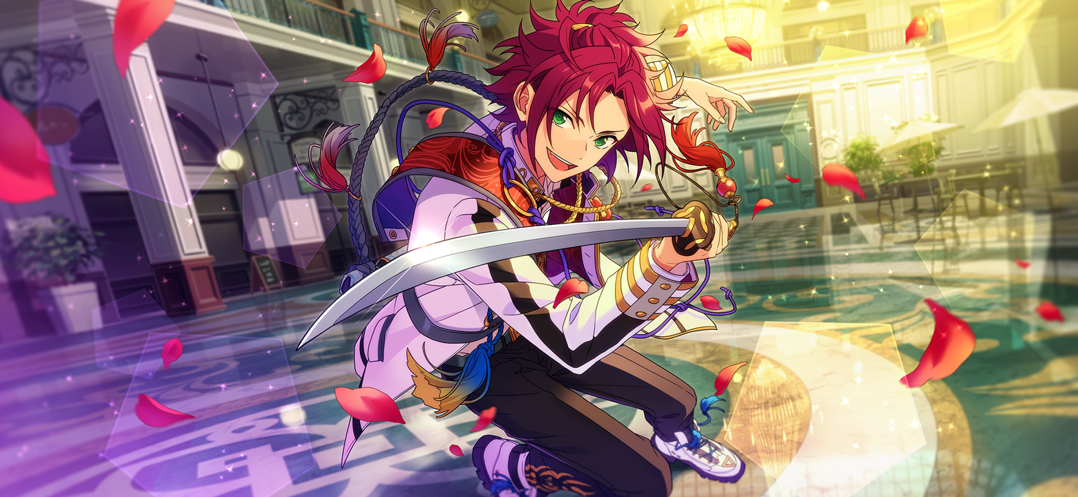 happy elements, isara mao, ensemble stars!, game cg, official art, third-party source, 1boy, bangs pinned back, black pants, chair, chance basara night (ensemble stars!), door, fingernails, green eyes, holding, holding sword, holding weapon, indoors, long sleeves, looking at viewer, male focus, open mouth, pants, petals, purple hair, short hair, solo, sword, tassel, teeth, upper teeth only, weapon