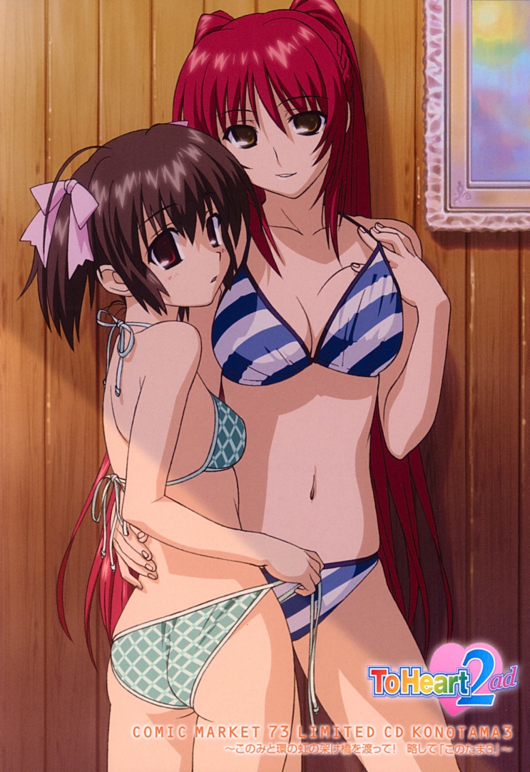 yanagisawa masahide, kousaka tamaki, yuzuhara konomi, to heart (series), to heart 2, to heart 2 ad, non-web source, 00s, 2girls, ahoge, album cover, ass, back, bikini, blush, brown eyes, brown hair, checkered bikini, checkered clothes, cover, hair ribbon, hug, long hair, looking back, multiple girls, navel, open mouth, red eyes, red hair, ribbon, short hair, short twintails, side-tie bikini bottom, smile, striped bikini, striped clothes, swimsuit, twintails, undressing, untied bikini, very long hair, yuri