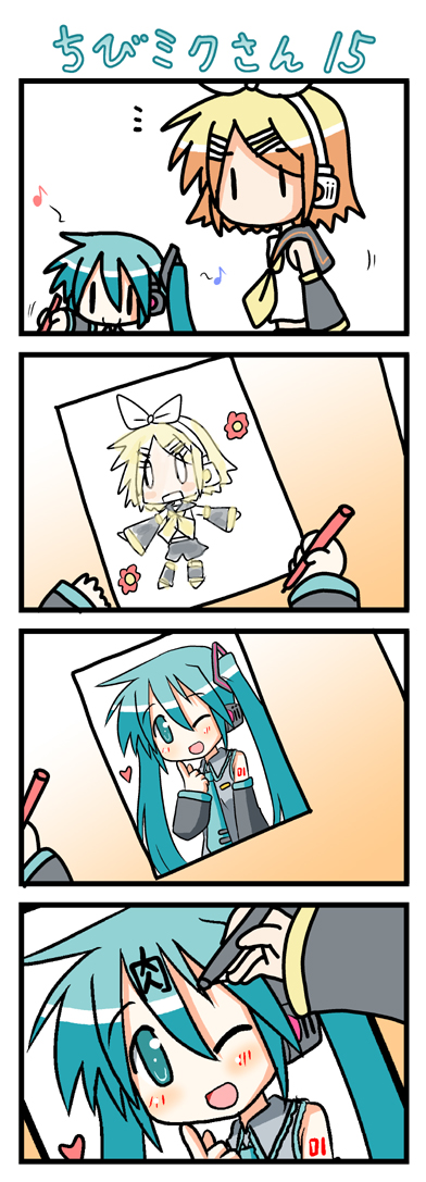 minami (colorful palette), chibi miku, hatsune miku, kagamine rin, vocaloid, long image, tall image, translated, 0 0, 4koma, chibi, comic, drawing (action), heart, marker, silent comic, smile, | |
