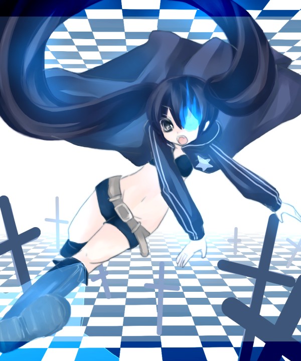 seppaku rin, yuki shirorin, black rock shooter (character), hatsune miku, black rock shooter, vocaloid, bad id, bad pixiv id, 10s, 1girl, black hair, blue eyes, chibi, cross, female focus, latin cross, long hair, midriff, shorts, solo, twintails