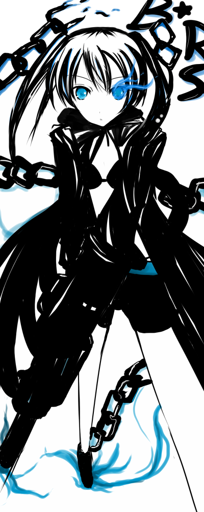 tsukune (artist), black rock shooter (character), hatsune miku, black rock shooter, vocaloid, bad id, bad pixiv id, 10s, 1girl, black hair, blue eyes, blue theme, chain, female focus, monochrome, solo