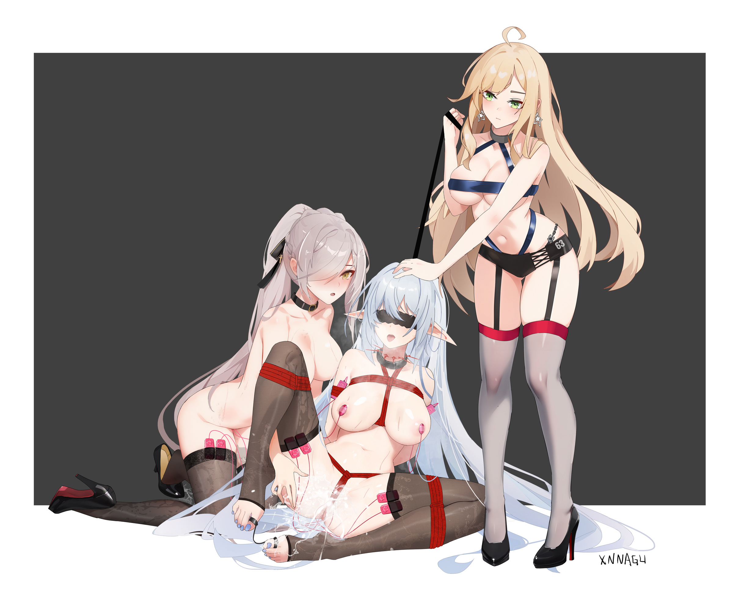xnnagu, black footwear, highres, 3girls, ahoge, arms behind back, bdsm, black blindfold, black nails, black thighhighs, blindfold, blonde hair, blue hair, blush, bondage, bound, bound arms, bound legs, breast bondage, breasts, censored, collar, covered eyes, crotch rope, dildo, earrings, egg vibrator, elf, feet, femdom, frogtie, full body, garter straps, green eyes, grey hair, hair over one eye, hand on another's head, high heels, holding, holding leash, jewelry, large breasts, leash, long hair, multiple girls, nail polish, navel, nipple clamps, nipple stimulation, nipples, nude, object insertion, one eye covered, open mouth, pointy ears, ponytail, pussy, pussy juice, red rope, remote control vibrator, restrained, ribbon, rope, sex toy, shibari, shoes, short shorts, shorts, simple background, sitting, smile, standing, stiletto heels, stirrup legwear, tape, thighhighs, toeless legwear, toenail polish, toenails, toes, vaginal, vaginal object insertion, very long hair, vibrator, vibrator in thighhighs, vibrator on nipple, yellow eyes, yuri