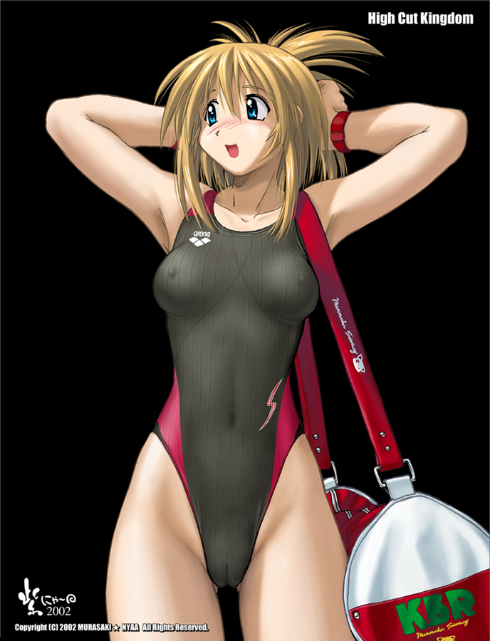 nyanko batake, arena (company), high cut kingdom, non-web source, 1girl, armpits, bag, blonde hair, blue eyes, breasts, cameltoe, competition swimsuit, covered erect nipples, female focus, highleg, highleg one-piece swimsuit, medium breasts, one-piece swimsuit, see-through clothes, single vertical stripe, solo, swimsuit