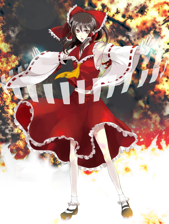 koko (oyasuminasai), reachiizu, hakurei reimu, touhou, bad id, bad pixiv id, 1girl, female focus, full body, japanese clothes, miko, ofuda, ribbon, solo