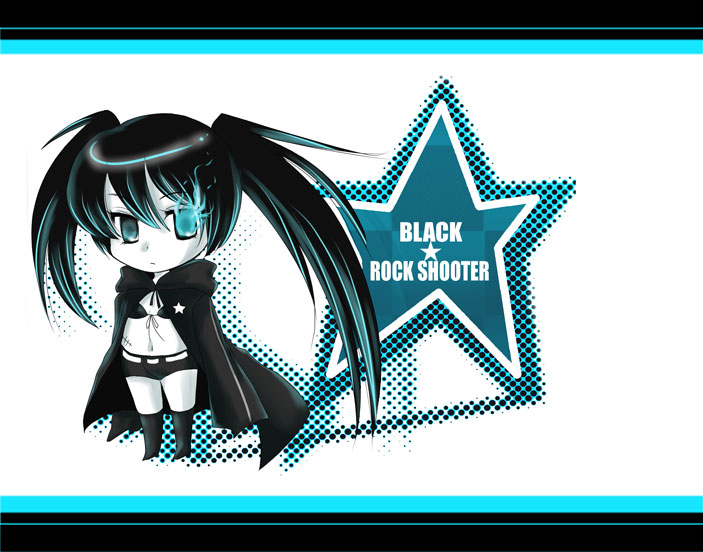 umi (pixiv), umi aono, black rock shooter (character), hatsune miku, black rock shooter, vocaloid, 10s, 1girl, black hair, blue eyes, chibi, female focus, full body, long hair, midriff, monochrome, scar, shorts, solo, stitches, twintails