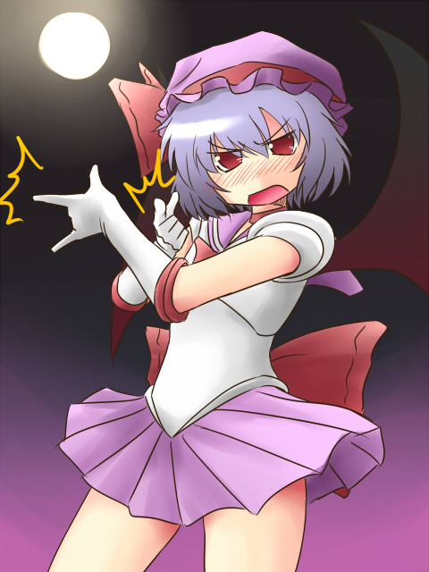 kakkou, remilia scarlet, bishoujo senshi sailor moon, touhou, bad id, bad pixiv id, 1girl, m/, blush, cosplay, female focus, full moon, gradient background, hat, moon, outdoors, parody, ribbon, sailor senshi, sailor senshi (cosplay), short hair, skirt, sky, solo, tsuki ni kawatte oshioki yo, unofficial sailor senshi uniform, wings