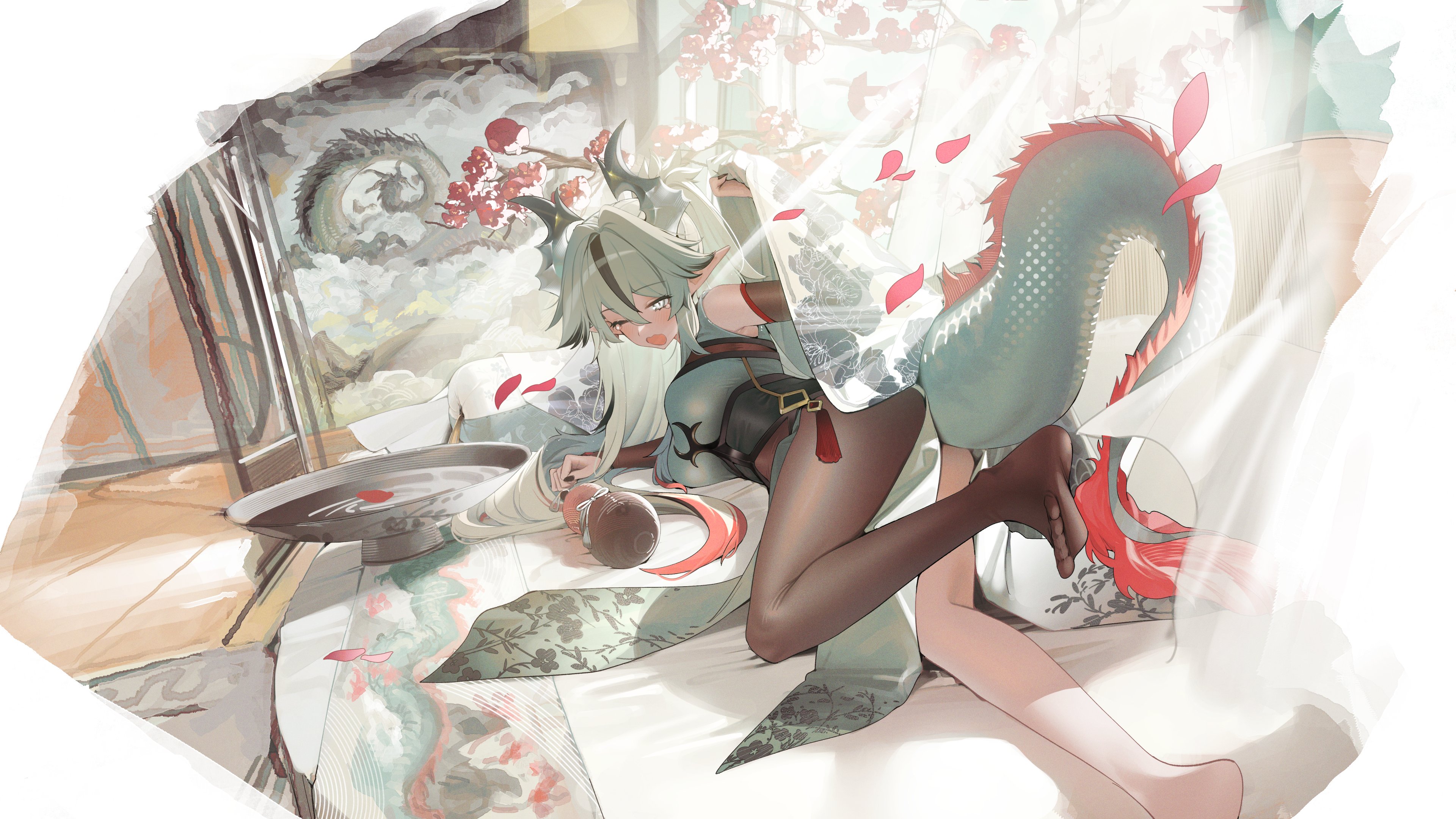 hiiragi mikoto, original, absurdres, commentary request, commission, highres, skeb commission, 1girl, alcohol, black hair, black pantyhose, blush, cup, dragon tail, dress, falling petals, gourd, grey eyes, grey hair, long hair, looking at viewer, multicolored hair, one eye closed, open mouth, pantyhose, petals, sakazuki, sake, single leg pantyhose, sleeveless, sleeveless dress, solo, streaked hair, tail, tearing up, two-tone hair, white dress, yawning