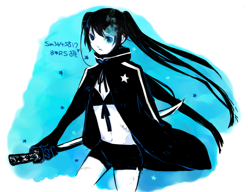 black rock shooter (character), hatsune miku, black rock shooter, vocaloid, 10s, 1girl, bad anatomy, black hair, blue eyes, blue theme, female focus, katana, long hair, midriff, monochrome, poorly drawn, scar, shorts, solo, sword, twintails, weapon