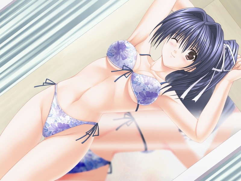 hidaka naho, bin can darling, game cg, non-web source, 1girl, bikini, blue hair, breasts, brown eyes, female focus, front-tie top, hair intakes, medium breasts, mirror, navel, one eye closed, ponytail, reflection, side-tie bikini bottom, solo, swimsuit, wink