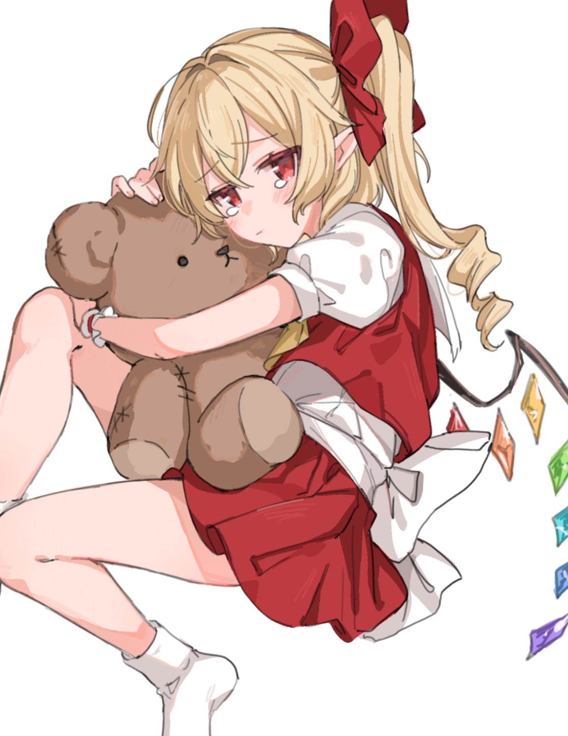 paragasu (parags112), flandre scarlet, touhou, commentary, highres, symbol-only commentary, 1girl, :|, blonde hair, bow, closed mouth, drill hair, foot out of frame, long hair, looking at viewer, no shoes, one side up, pleated skirt, pointy ears, puffy short sleeves, puffy sleeves, red bow, red eyes, red skirt, red vest, shirt, short sleeves, simple background, skirt, socks, solo, stuffed animal, stuffed toy, tearing up, teddy bear, vest, white background, white shirt, white socks, wings, wrist cuffs