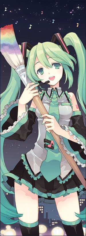 tearfish, hatsune miku, miracle paint (vocaloid), vocaloid, 1girl, aqua hair, art brush, detached sleeves, female focus, frills, giant brush, green eyes, green nails, hip focus, long hair, multicolored hair, musical note, nail polish, necktie, notes, paintbrush, skirt, sky, solo, star (sky), star (symbol), starry sky, thighhighs, twintails, two-tone hair, wide hips