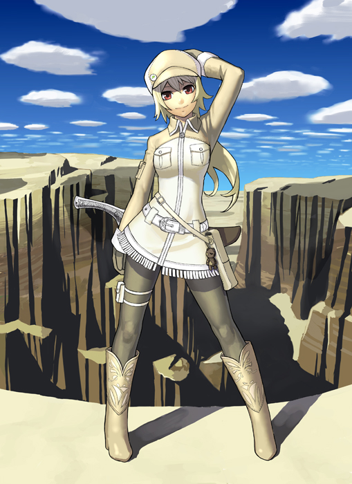 k+, original, 1girl, arm behind head, blonde hair, boots, canyon, cloud, cowboy boots, day, female focus, hat, long hair, outdoors, pantyhose, red eyes, sky, solo