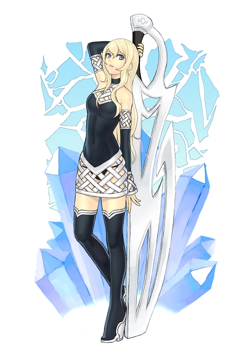 k+, bare shoulders, black panties, black thighhighs, blonde hair, blue eyes, boots, crystal, detached sleeves, huge weapon, long hair, panties, solo, sword, thigh boots, thighhighs, underwear, weapon