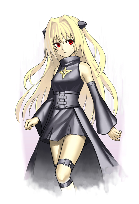 k+, konjiki no yami, to love-ru, 00s, 1girl, bare shoulders, blonde hair, buckle, detached sleeves, dress, female focus, gothic lolita, lolita fashion, long hair, red eyes, solo, thigh strap