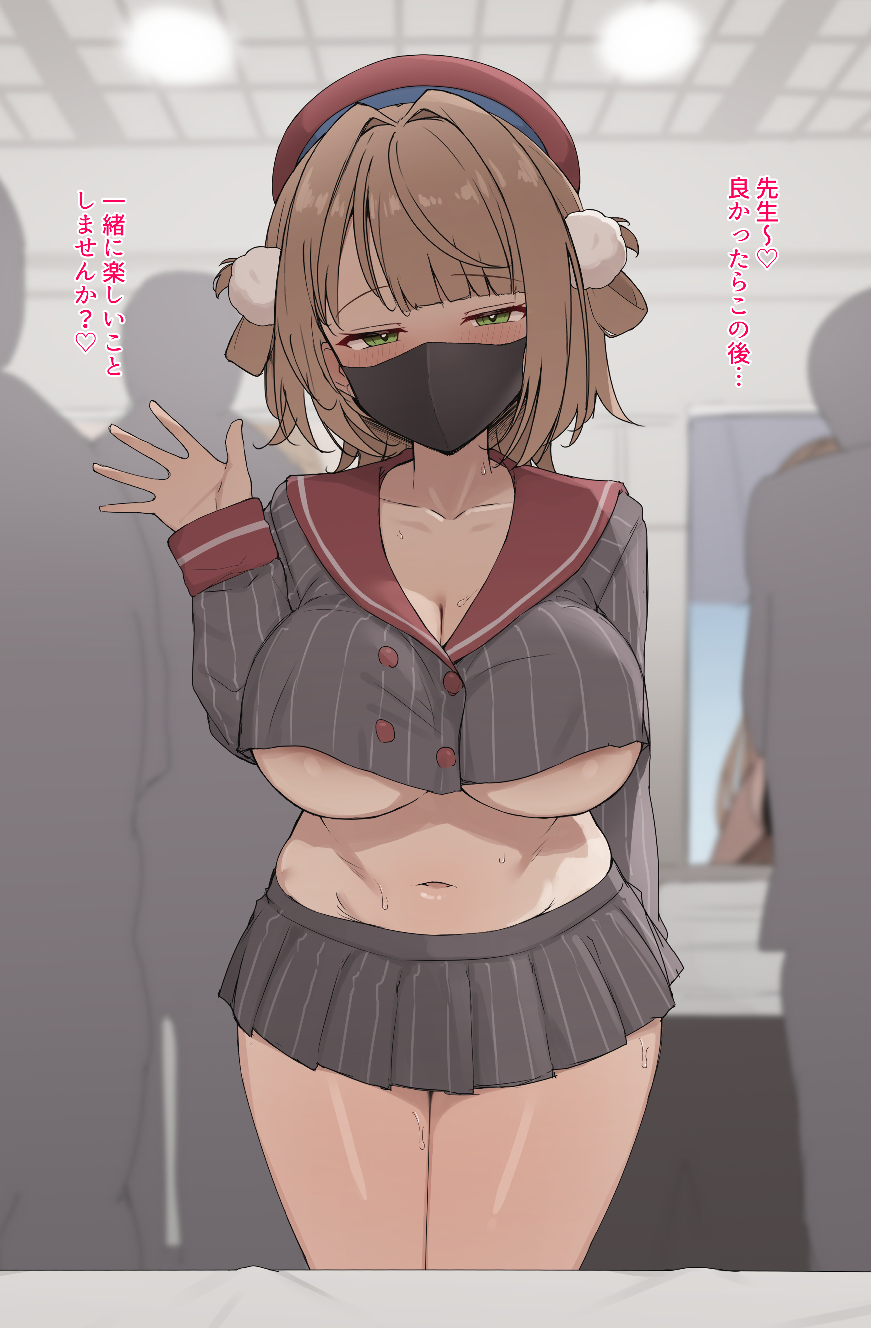 sheryama, shigure ui (vtuber), shigure ui (vtuber) (1st costume), indie virtual youtuber, absurdres, commentary request, highres, paid reward available, translation request, variant set, 1girl, adapted costume, areola slip, arm behind back, artist self-reference, beret, black mask, blush, breasts, bright pupils, brown hair, buttons, ceiling, ceiling light, cleavage, collarbone, convention, cosplay, covered mouth, double-breasted, green eyes, grey serafuku, grey shirt, grey skirt, hair intakes, hair ornament, hair rings, half-closed eyes, hand up, hat, indoors, large breasts, long sleeves, mask, medium hair, microskirt, midriff, mouth mask, navel, no bra, palms, people, pinstripe pattern, pinstripe shirt, pinstripe skirt, pleated skirt, pom pom (clothes), pom pom hair ornament, poster (object), pov, red hat, red sailor collar, red sleeve cuffs, revealing clothes, sailor collar, school uniform, serafuku, shigure ui (vtuber) (cosplay), shiny skin, shirt, side up ring, skirt, sleeve cuffs, solo focus, spread fingers, standing, surgical mask, sweat, swept bangs, talking, tile ceiling, tiles, underboob, virtual youtuber, waving, white pupils, wolf cut