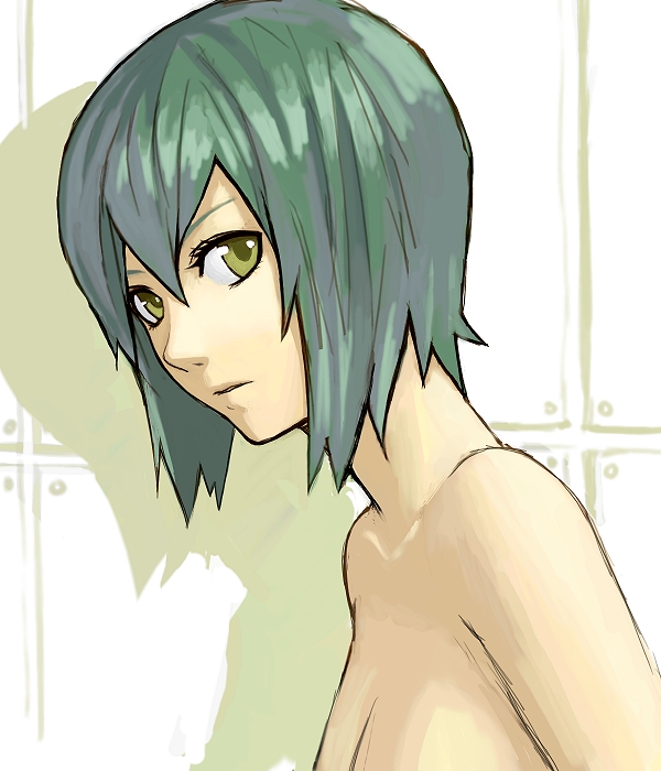 k+, original, 1girl, close-up, female focus, green eyes, green hair, matching hair/eyes, out-of-frame censoring, short hair, solo, topless frame, upper body