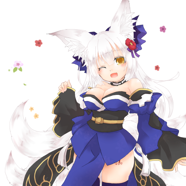 tamamo no mae (fate), emil chronicle online, tamamo (fate), commentary request, 1girl, 717ao, animal ears, blue kimono, blue sleeves, blue thighhighs, breasts, cleavage, cosplay, detached sleeves, flower, fox ears, fox girl, fox tail, hair flower, hair ornament, hair ribbon, japanese clothes, kimono, large breasts, multiple tails, one eye closed, open mouth, purple ribbon, ribbon, solo, tail, tamamo lore, tamamo no mae (fate) (cosplay), thighhighs, white background, white hair, yellow eyes