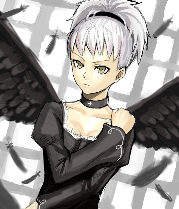 k+, 1girl, black wings, choker, feathers, female focus, goth fashion, gothic lolita, hairband, lolita fashion, short hair, solo, white hair, wings, yellow eyes