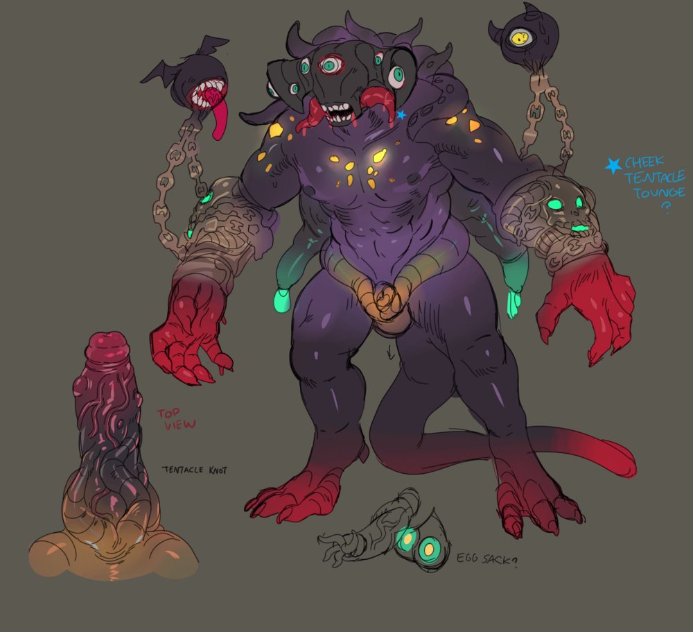 toxxy, original, 1boy, brown background, chain, colored skin, demon boy, eldritch abomination, extra eyes, large penis, monster, nipples, penis, purple skin, tentacle hair, tongue, tongue out
