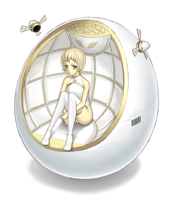 k+, 1girl, barcode, bare shoulders, blonde hair, blue eyes, collar, collarbone, dress, expressionless, female focus, full body, looking at viewer, short hair, simple background, sitting, sleeveless, sleeveless dress, solo, thighhighs, thighs, white background, white dress, white thighhighs