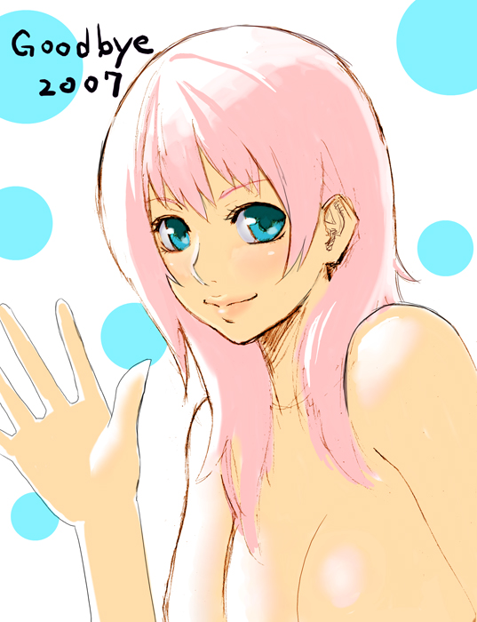 k+, 1girl, blue eyes, female focus, out-of-frame censoring, pink hair, solo, topless female