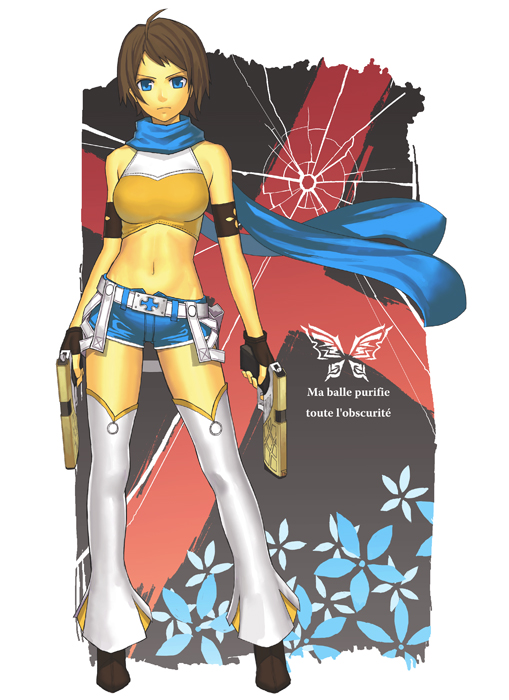 k+, arcia rinslet, capcom, chaos legion, translated, 1girl, adapted costume, armband, bare shoulders, belt, blue eyes, blue scarf, brown hair, dual wielding, female focus, fingerless gloves, french text, frown, gloves, gun, handgun, holding, midriff, navel, scarf, short hair, shorts, solo, thighhighs, weapon