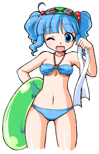 manjiduka, kawashiro nitori, touhou, lowres, 1girl, bikini, blue bikini, female focus, hair bobbles, hair ornament, innertube, solo, swim ring, swimsuit