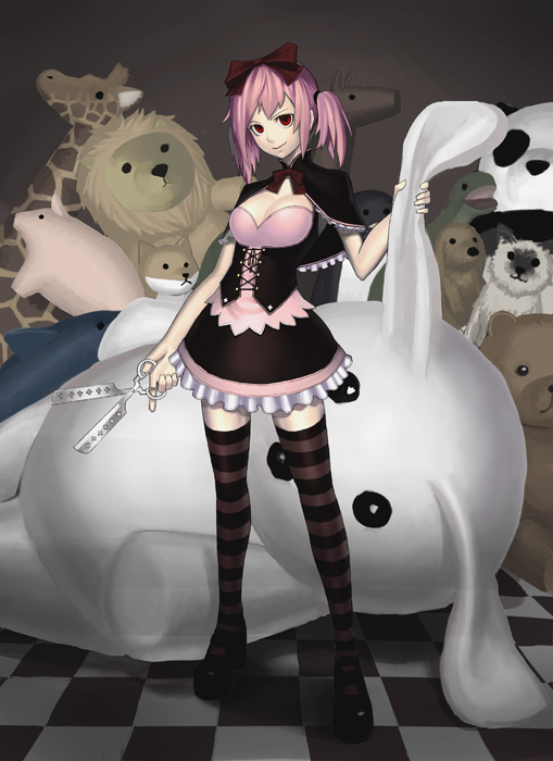 k+, 1girl, breasts, corset, female focus, large breasts, pink hair, red eyes, scissors, solo, striped clothes, striped thighhighs, stuffed animal, stuffed toy, thighhighs, twintails