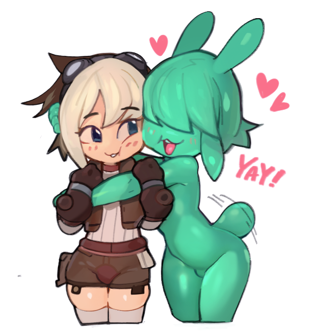 toxxy, animal ears, blonde hair, blush, brown gloves, bulge, cheek squash, colored skin, cropped jacket, deformed, gloves, goggles, goggles on head, green skin, hug, monster boy, pilot, rabbit ears, rabbit tail, short shorts, shorts, simple background, slime boy, smile, tail, thighhighs, toki (toxxy), venture seas, white background, white thighhighs, wide hips