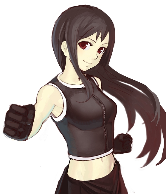 k+, tifa lockhart, final fantasy, final fantasy vii, final fantasy vii advent children, 00s, 1990s (style), 1girl, black hair, female focus, gloves, indoors, long hair, red eyes, retro artstyle, simple background, solo
