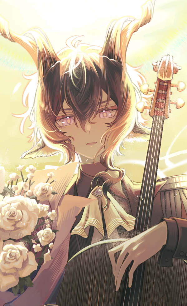 ysm1100, ebenholz (arknights), arknights, 1boy, animal ears, backlighting, cello, flower, goat ears, head tilt, horns, instrument, looking at viewer, male focus, purple eyes, smile, solo, white flower