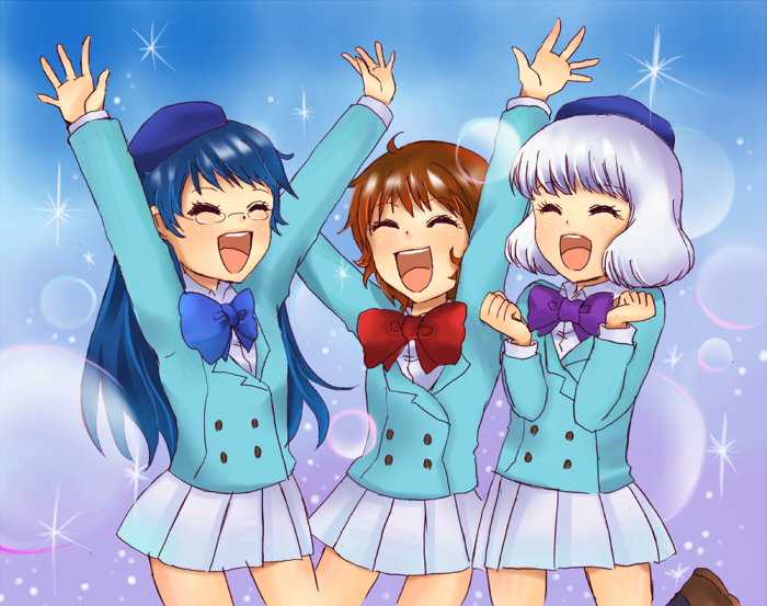 masaki (celesta), akashi kaoru, nogami aoi, sannomiya shiho, zettai karen children, 00s, o/, ^ ^, arms up, beret, blue hair, brown hair, cheering, closed eyes, glasses, happy, hat, open mouth, outstretched arms, purple hair, ribbon, smile