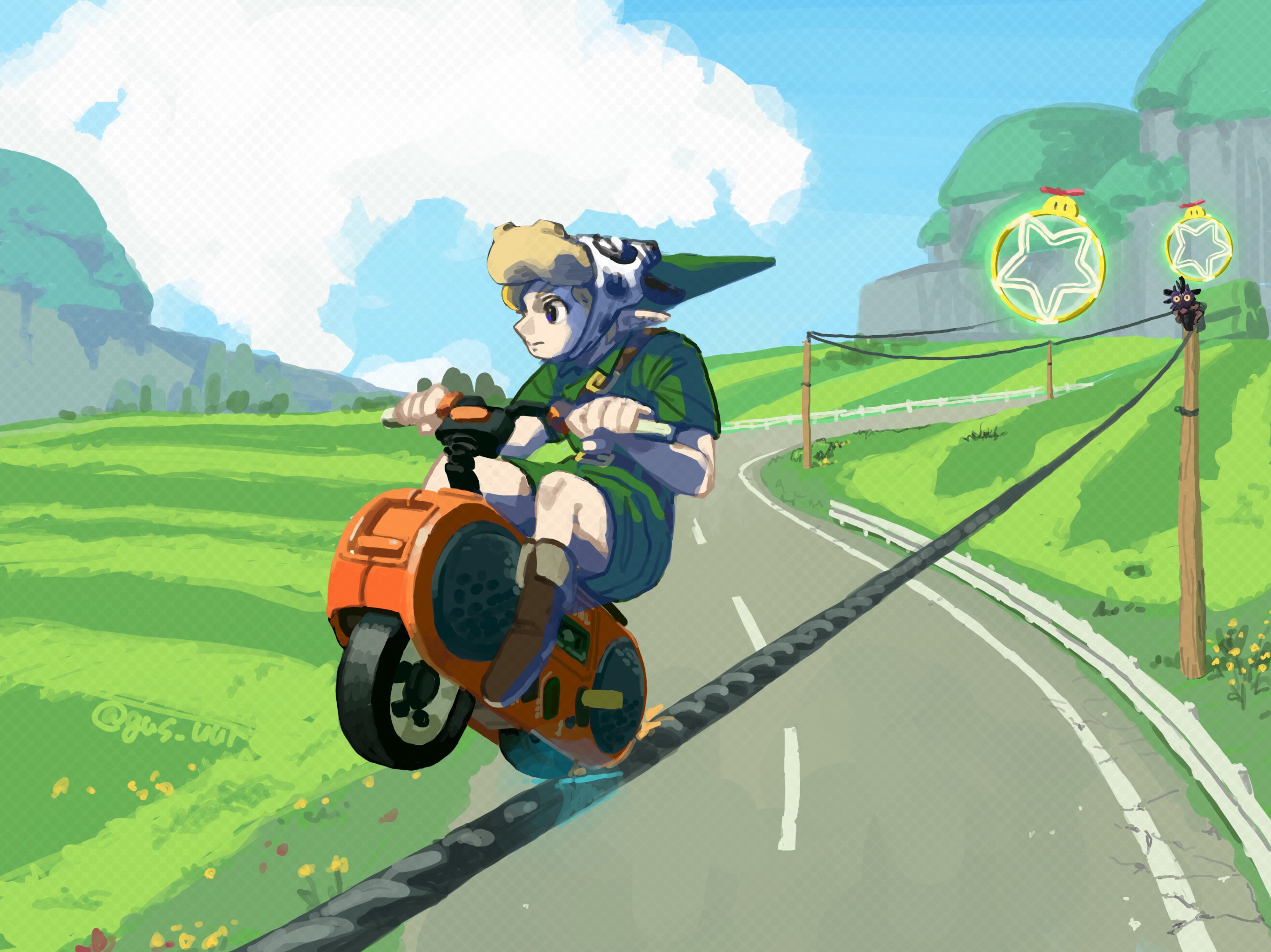 gus uur, link, mario (series), mario kart, nintendo, the legend of zelda, the legend of zelda: majora's mask, highres, 1boy, blonde hair, boots, brown boots, cloud, cloudy sky, cow hood, grass, green hair, green tunic, male focus, motor vehicle, motorcycle, on motorcycle, outdoors, phrygian cap, pointy ears, road, short hair, sky, tunic, twitter username